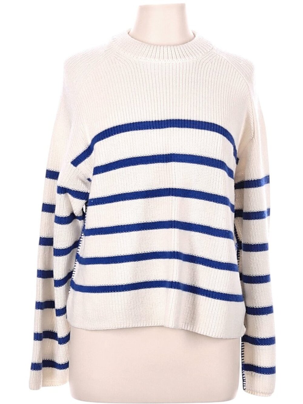COS Sweater Wool Cotton Chunky Knit Blue Ivory Stripe Whipstitching (M)